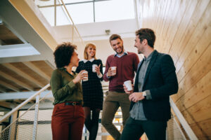 Group of people talking on the stairs